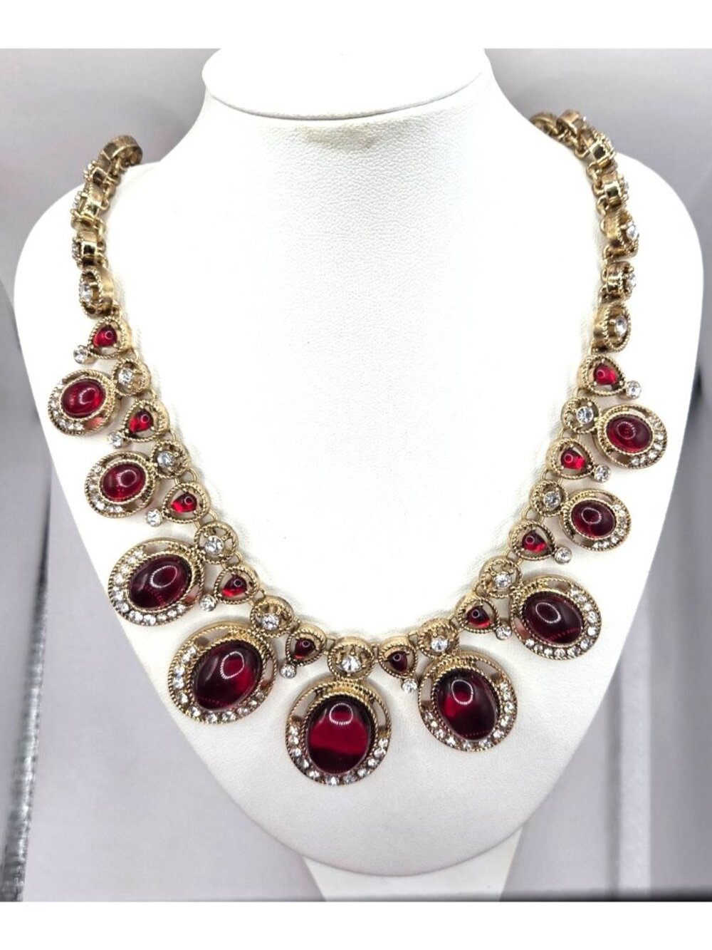 Vintage Gold-Tone Necklace With Red Cabochon Stones & Clear Rhinestone Accents